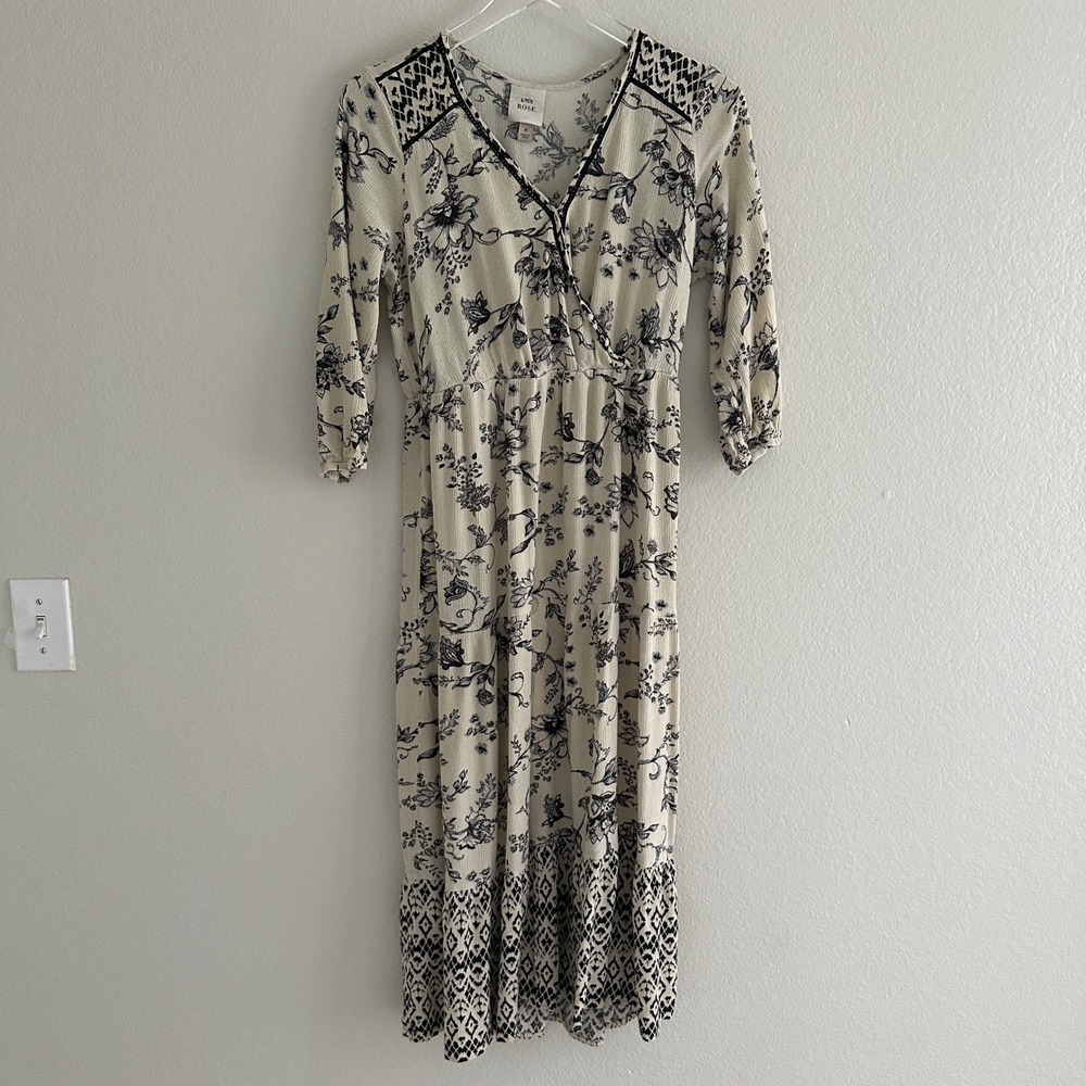 Knox Rose Midi Dress Medium Cream Black Floral Boho Tiered Faux Wrap V-Neck
